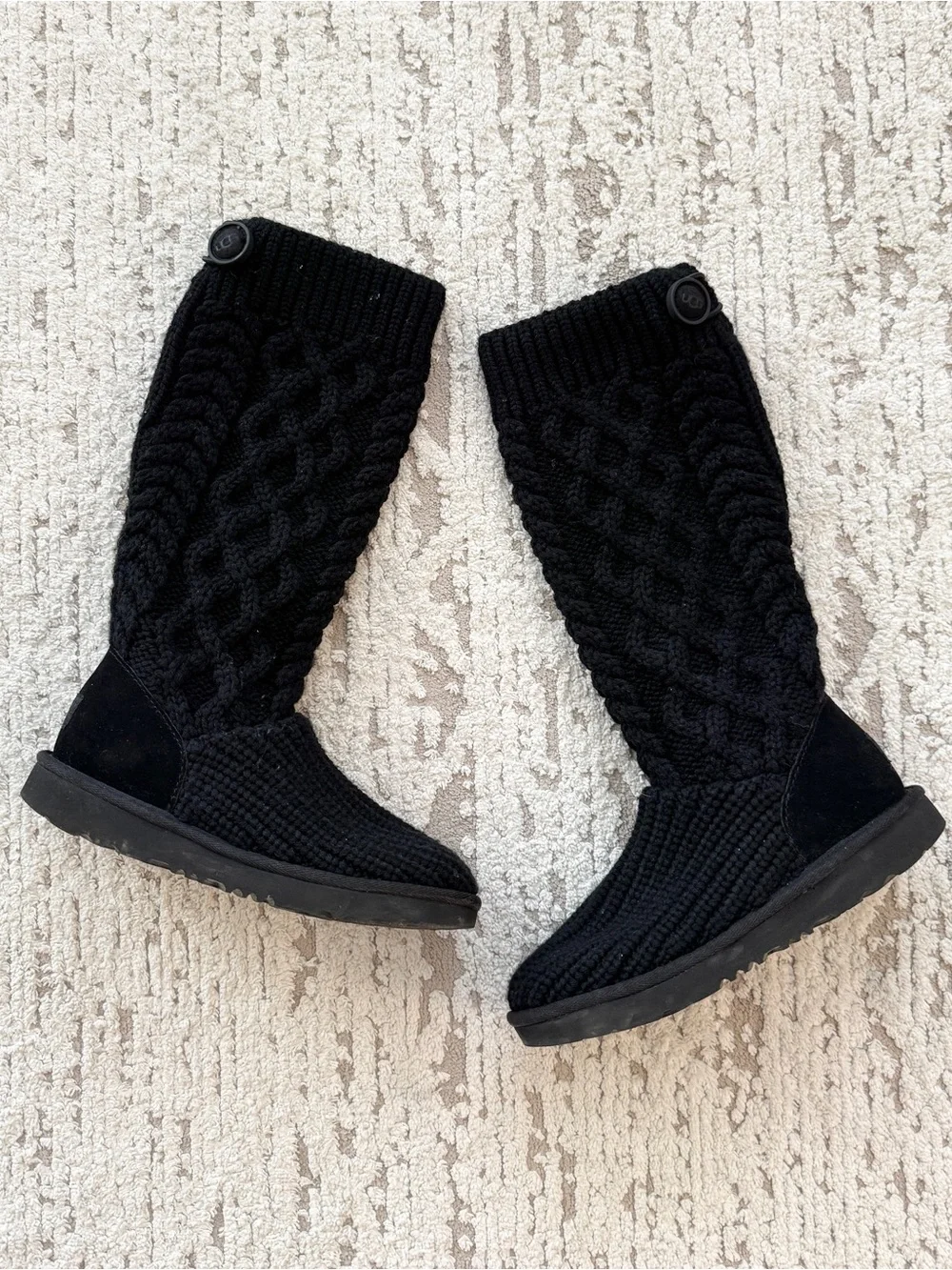 UGG Kids Black Cable Knit Button Snow Boots